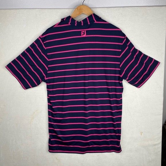 Footjoy Dark Blue and Pink Striped Short Sleeve Performance Golf Polo SizeMedium - Picture 2 of 3